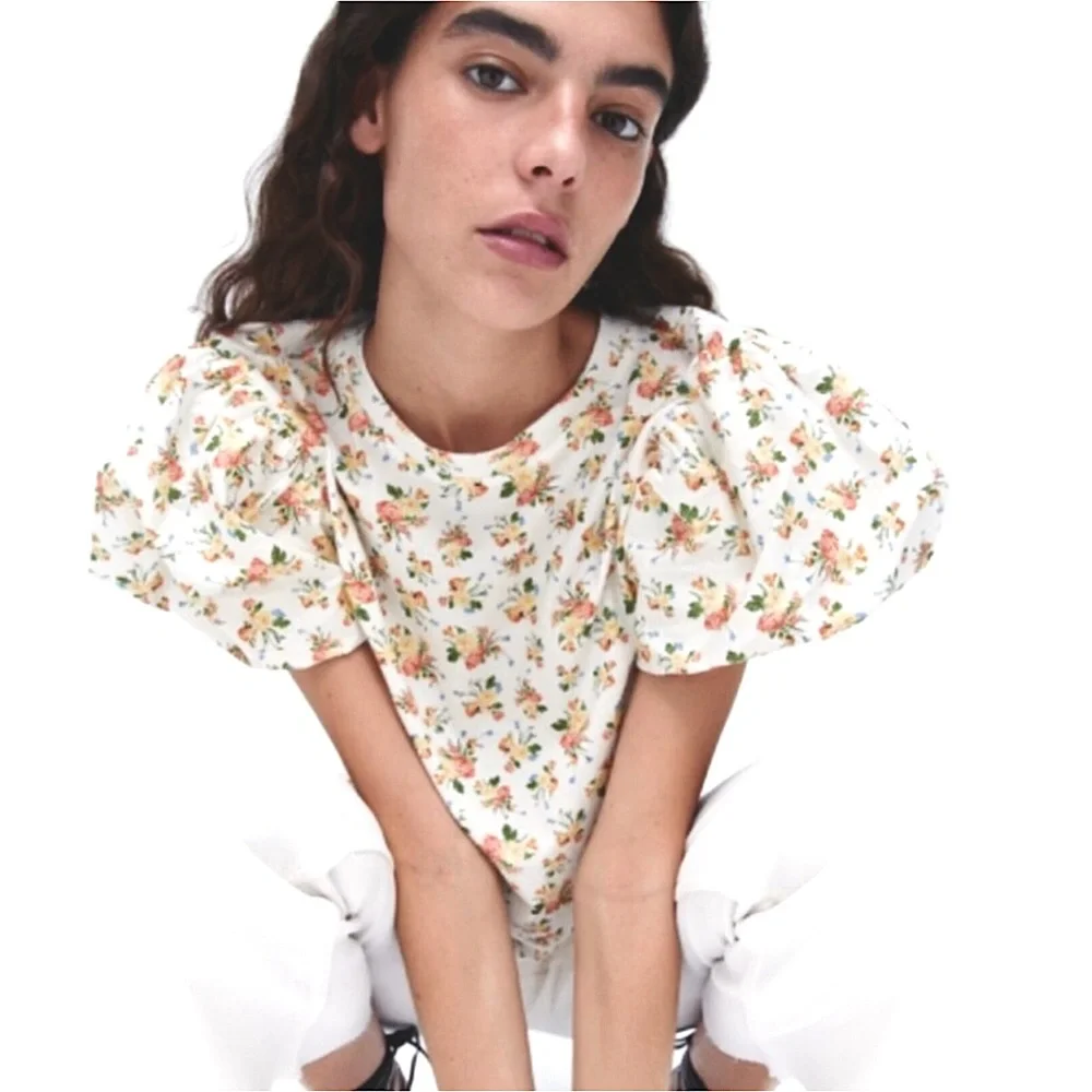 Zara Floral Puff Sleeve T-Shirt